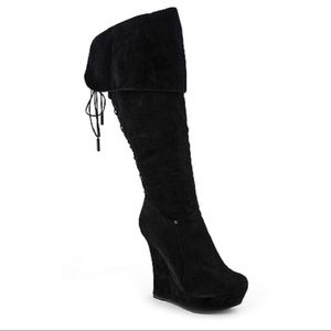 black velvet knee high wedge boot